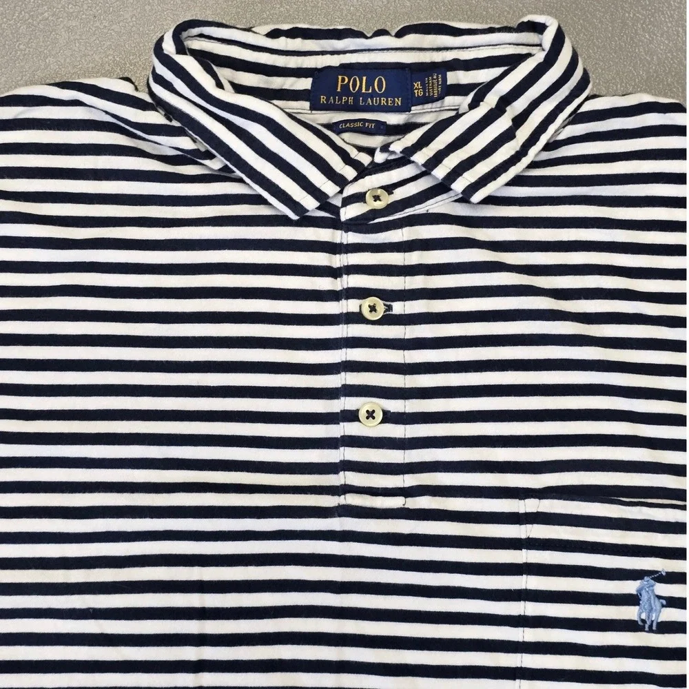Polo Ralph Lauren Striped Polo Shirt XL Black White Pocket Classic Fit - Picture 3 of 7